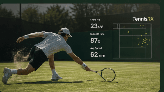 A player hitting a forehand on court with TennisRX shot data overlaid