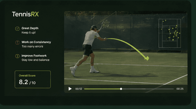 TennisRX coach feedback and score overlaid on match footage